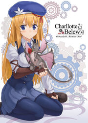  &gt;:( artist_name beret blonde_hair blue_eyes blue_pantyhose blush boots character_name charlotte_belew commentary_request copyright_name dragon dress_shirt english_text female fingerless_gloves flower frown gears gloves hand_on_leg hat highres logo long_hair machine-doll_wa_kizutsukanai mouth_hold multiple_wings necktie npcpepper pantyhose photoshop_(medium) rose shirt sigmund_(machine-doll) sitting solo standing underbust v-shaped_eyebrows vest wariza watermark white_eyes wings 