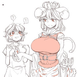  2girls ? animal_ears breasts capelet color_guide commentary_request cosplay costume_switch large_breasts mouse_ears mouse_tail multiple_girls nazrin nazrin_(cosplay) red_eyes role_reversal shawl short_hair simple_background spoken_question_mark spot_color tail toramaru_shou toramaru_shou_(cosplay) toriga_naku touhou white_background 