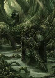  2boys adeptus_astartes armor bolter camouflage closed_mouth commentary english_commentary full_body goggles gun highres holding holding_gun holding_weapon jungle male_focus metal_gloves multiple_boys nature okita outdoors pauldrons photoshop_(medium) plant_roots rifle river science_fiction scope shoulder_armor skull sniper_rifle standing sunlight tree wading warhammer_40k weapon 