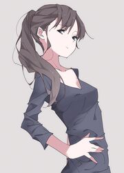  bad_id bad_pixiv_id black_eyes black_hair breasts cleavage female hand_on_own_hip long_hair looking_at_viewer medium_breasts original ponytail shimano shirt solo 