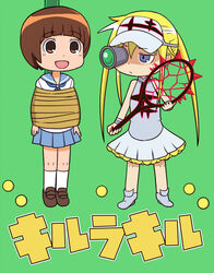  2girls ball blue_sailor_collar bound bowl_cut brown_hair chibi commentary_request cosplay crossover fuupo hakodate_omiko hakodate_omiko_(cosplay) kill_la_kill kill_me_baby mankanshoku_mako multiple_girls racket sailor_collar school_uniform scope serafuku shaded_face skirt smile sonya_(kill_me_baby) tennis_ball tennis_dress tennis_racket tied_up_(nonsexual) twintails visor_cap 