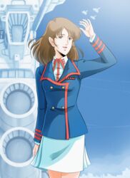  1980s_(style) blue_eyes blue_sky brown_hair cityscape cloud commentary female flying hayase_misa highres long_hair macross macross_flashback_2012 mecha military military_uniform official_style retro_artstyle robot science_fiction sdf-2_megaroad-01 skirt sky spacecraft u.n._spacy uniform variable_fighter vf-4 waeba_yuusee waving_arm 