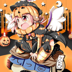  adapted_costume animal_ears commentary_request crescent dress female hat highres jack-o&#039;-lantern kikurage_(sugi222) mystia_lorelei open_mouth orange_thighhighs painttool_sai_(medium) pink_hair pumpkin red_eyes short_hair smile solo star_(symbol) striped_clothes striped_thighhighs thighhighs touhou wings 