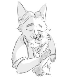  akella canid canine clothing cuddling disney duo fox gideon_grey heart_symbol hug jack_savage lagomorph leporid male male/male mammal monochrome rabbit red_fox slightly_chubby smile true_fox zootopia 