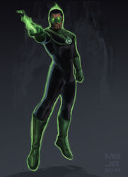  black_hair bodysuit dark_skin dc_comics full_body gloves glowing glowing_eyes green_eyes green_lantern green_lantern_(series) john_stewart male_focus ring solo 