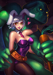  1boy alternate_costume battle_bunny_riven breasts bunny_ears bunnysuit carrot cleavage female green_skin jenny_kung league_of_legends looking_at_viewer monster_boy riven_(league_of_legends) silver_hair zac 