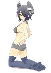  b-man bad_id bad_pixiv_id bikini black_thighhighs breasts eyepatch female hands_on_own_hips headgear kantai_collection kneeling looking_at_viewer medium_breasts purple_hair short_hair sideboob solo swimsuit tenryuu_(kancolle) thighhighs yellow_eyes 