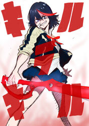  angry black_hair blue_eyes commentary_request female grin jacket kill_la_kill matoi_ryuuko multicolored_hair nekoi_mie pleated_skirt scissor_blade_(kill_la_kill) short_hair skirt smile solo two-tone_hair weapon 