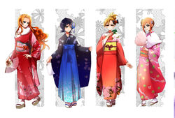  4girls bad_id bad_pixiv_id bleach blonde_hair blue_bow blue_hair blue_hakama blush bow brown_eyes brown_hair cake_print capelet curly_hair floral_print food_print full_body fur-trimmed_capelet fur-trimmed_kimono fur_trim gradient_clothes hair_between_eyes hairbow hakama hakama_skirt hand_fan hand_on_own_hip high_ponytail holding holding_fan inoue_orihime japanese_clothes kimono kuchiki_rukia long_hair long_sleeves looking_at_viewer matsumoto_rangiku multiple_girls obi parted_bangs print_kimono red_kimono sarugaki_hiyori sash short_hair sidelocks skirt standing umi_(pixiv6861961) very_long_hair white_capelet white_legwear wide_sleeves yukata 