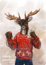  2014 anthro antlers clothed clothing deer fully_clothed horn male mammal racoonwolf solo sweater topwear 