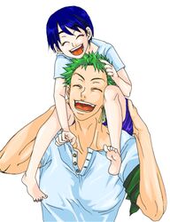  1boy bandana_around_arm blue_hair carrying closed_eyes commentary_request dark_blue_hair earrings female green_hair hand_on_another&#039;s_head happy jewelry kuina lolicon nin-noro one_piece open_mouth roronoa_zoro short_hair shoulder_carry single_earring smile teeth time_paradox 