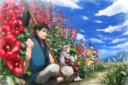  2girls 3boys armor beard black_hair blue_sky chinese_clothes commentary_request day drinking en_(kingdom) facial_hair flower grass helmet hoe hollyhock indian_style karyou_ten kingdom_(series) kyoukai_(kingdom) long_hair multiple_boys multiple_girls on_ground open_mouth outdoors plant sandals shin_(kingdom) shiso_(nununu3) short_hair sitting sky sleeveless sosui_(kingdom) sweat wristband 