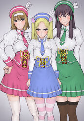  3girls angry bad_id bad_pixiv_id black_eyes black_hair black_legwear blonde_hair blush brown_hair closed_eyes cosplay embarrassed genshiken grey_eyes happy kasukabe_saki long_hair mole mole_under_eye mole_under_mouth multiple_girls necktie ogiue_chika ohno_kanako otaku photoshop_(medium) ponte_(0215-0215) serious short_hair skirt smile striped_clothes striped_thighhighs thighhighs twintails white_legwear wig zettai_ryouiki 