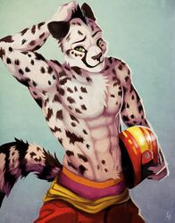  abs armor athletic avoid_posting biceps bottomwear boxer_briefs cheetah chest_tuft clothed clothing felid feline fur green_eyes headgear helmet hi_res littlefreckles male mammal masada muscular pants pecs racer solo topless tuft underwear white_body white_fur 