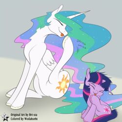  1:1 2016 absurd_res alicorn bri-sta closed_eyes cutie_mark duo equid equine feathered_wings feathers female feral friendship_is_magic fur grey_background hair hasbro hi_res horn mammal multicolored_hair my_little_pony mythological_creature mythological_equine mythology princess_celestia_(mlp) purple_body purple_fur purple_hair simple_background tongue tongue_out twilight_sparkle_(mlp) unicorn white_body white_fur wings wodahseht 