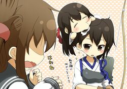  3girls =_= akagi_(kancolle) armor b-man bow_(weapon) brown_eyes brown_hair bubble chibi chibi_on_head closed_eyes commentary_request drooling folded_ponytail gloves hair_ornament hairclip heart heart_background inazuma_(kancolle) japanese_clothes kaga_(kancolle) kantai_collection long_hair multiple_girls muneate no_eyebrows no_eyes on_head open_mouth person_on_head ponytail puchimasu! ribbon school_uniform serafuku side_ponytail skirt sleeping sleeves_past_wrists sparkle translated wavy_mouth weapon 