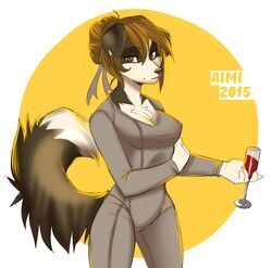  2015 aimi alcohol annabelle_chambers anthro beverage bodysuit border_collie breasts brown_eyes brown_hair canid canine canis chest_tuft cleavage clothed clothing collie digital_media_(artwork) domestic_dog female food fur hair hair_bun herding_dog looking_at_viewer mammal pastoral_dog secret_agent shaded sheepdog skinsuit solo tight_clothing tuft wine 