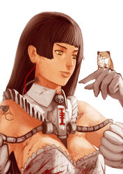  absurdres animal blood breasts brown_hair cleavage commentary cross_(guncross) english_commentary female gloves hamster highres inquisition_(warhammer) large_breasts photoshop_(medium) scar simple_background skull warhammer_40k wire yellow_eyes 