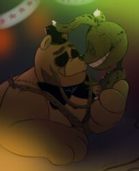  2018 animatronic anthro atlas-white bear digital_media_(artwork) eyeless five_nights_at_freddy&#039;s five_nights_at_freddy&#039;s_3 fur golden_freddy_(fnaf) interspecies lagomorph leporid machine male male/male mammal overweight overweight_male rabbit robot scottgames simple_background slim springtrap_(fnaf) yellow_body yellow_fur 