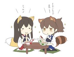  2girls akagi_(kancolle) animal_ears bad_id bad_pixiv_id chibi commentary_request cup_ramen donbei_kitsune_udon donbei_tempura_soba eating fox_ears fox_tail instant_soba instant_udon japanese_clothes kaga_(kancolle) kantai_collection kemonomimi_mode kuuga_(cf) long_hair multiple_girls nissin_donbei raccoon_ears raccoon_tail side_ponytail tail 