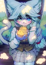  aruurara domestic_cat eating felid feline felis female food fur hair hashimoto-chan heterochromia hi_res kemono mammal solo white_body white_fur white_hair 