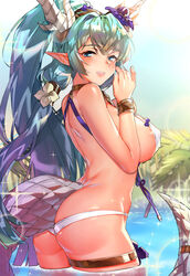  aqua_nails arched_back ass bare_shoulders bikini blue_eyes blue_hair blush bracer breasts commentary_request covered_nipples day dragon_girl dragon_horns dragon_tail female from_side hair_ornament halterneck highres horns king&#039;s_raid laias_(king&#039;s_raid) large_breasts long_hair looking_at_viewer lowleg lowleg_bikini multi-tied_hair nail_polish naso4 o-ring open_mouth outdoors palm_tree pointy_ears ponytail round_teeth shoulder_blades sideboob sidelocks smile solo sparkle swimsuit tail teeth thighlet tree upper_teeth_only very_long_hair wading water 