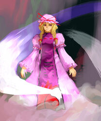  blonde_hair commentary_request dress faux_traditional_media female hair_ribbon hat hat_ribbon kuriyama5422 light_trail long_hair long_sleeves looking_away mob_cap multicolored_background parted_lips puffy_sleeves purple_eyes ribbon sidelocks solo tabard touhou trigram yakumo_yukari yin_yang 