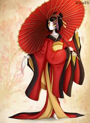  2015 absurd_res accessory amber_eyes antennae_(anatomy) anthro arthropod asian_clothing biped black_hair clothed clothing east_asian_clothing female geisha hair hair_accessory hi_res holding_object holding_umbrella insects japanese_clothing kanzashi kimono long_hair makeup multi_arm multi_limb nae obi solo standing tatara94 umbrella white_body white_skin 