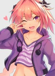  1boy ;d astolfo_(fate) astolfo_(memories_at_trifas)_(fate) blush braid commentary_request crop_top fate/apocrypha fate_(series) hair_intakes hair_ornament hair_ribbon long_hair looking_at_viewer male_focus navel oerba_yun_fang official_alternate_costume one_eye_closed open_mouth otoko_no_ko pink_hair pom_pom_(clothes) purple_eyes ribbon shishikai single_braid smile solo v v_over_eye 