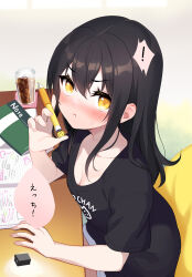  ! ? black_shirt blush breasts brown_hair check_translation cleavage closed_mouth cola collarbone desk drink eraser female highres holding holding_pen ice ice_cube indoors long_hair looking_at_viewer minamura_haruki nose_blush notebook orange_eyes original pen pout print_shirt shirt sidelocks single_sidelock sitting small_breasts solo_focus translation_request 