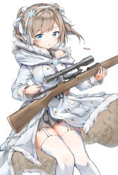  bag blue_eyes blush bolt_action breasts brown_bag brown_hair casing_ejection chinese_commentary coat commentary_request earmuffs feet_out_of_frame female floating_clothes floating_hair fur-trimmed_coat fur-trimmed_hood fur_trim garter_straps grey_skirt gun hair_ribbon henzer highres holding holding_gun holding_weapon hood hood_down hooded_coat knees_together_feet_apart long_sleeves looking_at_viewer medium_breasts miniskirt off_shoulder original parted_lips pleated_skirt ribbon rifle scope shell_casing short_hair simple_background skirt sniper_rifle solo thighhighs two_side_up weapon weapon_request white_background white_coat white_ribbon white_thighhighs 