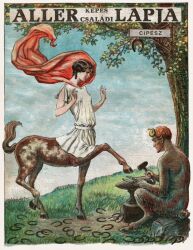  1900s anthro anvil blacksmith breasts centaur clothing duo equid equid_taur european_mythology female greek_mythology hi_res hooves horseshoe humanoid humanoid_taur male mammal mammal_taur mythology plant poster satyr shirt taur topwear tree unknown_artist 