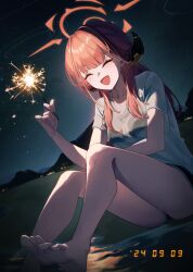  ^_^ absurdres alternate_costume aru_(blue_archive) bare_legs barefoot beach black_shorts blue_archive blurry blurry_background bra_visible_through_clothes breasts closed_eyes commentary dated demon_horns dutch_angle feet female fingernails fireworks foot_out_of_frame halo highres holding holding_fireworks horns jw_(wrdawrda) knees_up light_blush long_fingernails long_hair medium_breasts mountainous_horizon night open_mouth outdoors pink_hair pink_halo shirt shore short_shorts short_sleeves shorts sitting smile soles solo sparkler star_(sky) symbol-only_commentary toes tongue water white_shirt 