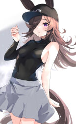  animal_ears bare_shoulders baseball_cap black_hat black_shirt breasts brown_hair closed_mouth commentary_request covered_collarbone covered_navel ears_through_headwear female grey_skirt hair_over_one_eye hat highres horse_ears horse_girl horse_tail long_hair meyamu pleated_skirt purple_eyes rice_shower_(boc&#039;z)_(umamusume) rice_shower_(umamusume) shirt single_sleeve skirt small_breasts solo tail umamusume very_long_hair 