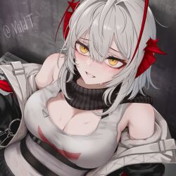  antenna_hair antennae arknights black_jacket black_scarf breasts clenched_teeth demon_girl demon_horns doctor_(arknights) female grey_hair holding horns jacket large_breasts looking_at_viewer mildt open_clothes open_jacket red_horns scarf short_hair smile solo sweat tank_top teeth w_(arknights) white_tank_top yellow_eyes 