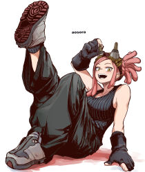  :d aosora2823 artist_name black_gloves black_pants black_sweater boku_no_hero_academia commentary_request female gloves goggles goggles_on_head grey_footwear hatsume_mei highres leg_up looking_at_viewer open_mouth pants partially_fingerless_gloves pink_hair shoes simple_background sleeveless sleeveless_sweater smile solo sweater white_background 