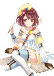  atelier_(series) atelier_questboard atelier_sophie bare_shoulders beret book breasts brown_eyes brown_gloves brown_hair closed_mouth commentary_request female flower frilled_thighhighs frills gloves hand_up hat hat_flower highres jewelry looking_down medium_breasts navel necklace official_alternate_costume official_art open_book pearl_necklace second-party_source short_hair shorts simple_background single_glove sitting smile solo sophie_neuenmuller sophie_neuenmuller_(new_self) thighhighs white_background yellow_hat yellow_shorts 