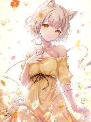  animal_ear_fluff animal_ears bare_shoulders black_ribbon cat_ears commentary_request criss-cross_halter dress female flower grey_hair hair_flower hair_ornament halterneck hand_on_own_chest head_tilt highres looking_at_viewer mio_(xenoblade) off-shoulder_dress off_shoulder ribbon short_hair short_sleeves solo ui_frara xenoblade_chronicles_(series) xenoblade_chronicles_3 yellow_dress yellow_eyes 