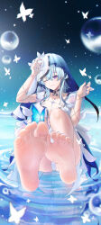  absurdres barefoot blue_butterfly blue_hair blue_nails blue_veil breasts bubble bug butterfly cleavage closed_mouth collarbone commentary_request dress feet feet_up female foot_focus hair_between_eyes hand_up highres large_breasts liangji_uu looking_at_viewer medium_hair nail_polish one_eye_closed partial_commentary purple_eyes reflection reflective_water ripples sidelocks sitting smile soles solo tacet_mark_(wuthering_waves) the_shorekeeper_(wuthering_waves) toenail_polish toenails toes two-tone_veil white_butterfly white_dress white_veil wuthering_waves 