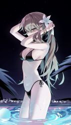  adjusting_hair ball bikini black_bikini blonde_hair bracelet breasts danbal female flower grey_eyes hair_flower hair_ornament highres jewelry navel night original pool small_breasts solo string_bikini swimsuit wet 