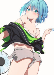  1boy ass back black_jacket blue_eyes blue_hair blush bulge crop_top cropped_jacket dolphin_shorts electric_fan food from_behind grey_shorts holding holding_food holding_popsicle hood hood_down hooded_jacket hot jacket looking_at_viewer looking_back male_focus off_shoulder original otoko_no_ko panties popsicle short_sleeves shorts side-tie_panties simple_background solo strap_slip sweat tank_top thighs underwear uro_(urotanc) white_background white_tank_top 