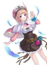  atelier_(series) atelier_questboard atelier_rorona blonde_hair blue_eyes blunt_bangs breasts brown_dress capelet cleavage closed_mouth cowboy_shot dress feathers female flask frilled_dress frills hand_up hat holding holding_flask jacket jewelry liquid long_sleeves looking_at_viewer medium_breasts necklace official_art pink_jacket rorolina_frixell round-bottom_flask second-party_source short_hair simple_background smile solo standing white_background white_capelet 