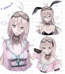  animal_ears antenna_hair barbed_wire bare_shoulders black_choker black_leotard blush breasts choker cleavage collarbone commentary d: danganronpa_(series) danganronpa_v3:_killing_harmony female goggles goggles_on_head grin hair_between_eyes highres iruma_miu korean_text large_breasts leotard mouse_print multiple_views pink_shirt playboy_bunny rabbit_ears shima_(fm_90mhz) shirt smile sticker teeth translation_request white_background 