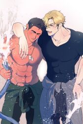  2boys abs ao_isami arm_around_shoulder bara black_hair black_shirt blonde_hair blue_eyes covered_abs dog_tags highres holding holding_hose hose large_pectorals lewis_smith male_focus multiple_boys muscular muscular_male no_nipples one_eye_closed pectoral_cleavage pectorals shirt short_hair tight_clothes tight_shirt topless_male water yaoi yuuki_bakuhatsu_bang_bravern z0z0bbb 