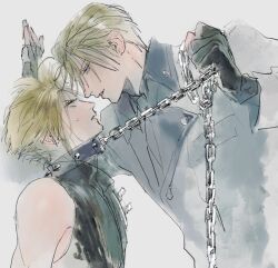  2boys black_gloves blonde_hair blue_eyes chain_leash chains cloud_strife coat collar final_fantasy final_fantasy_vii final_fantasy_vii_rebirth final_fantasy_vii_remake fingerless_gloves furrowed_brow gloves highres leash makotonishinsha male_focus multiple_boys parted_bangs parted_lips restrained rufus_shinra short_hair single_bare_shoulder single_shoulder_pad sleeveless sleeveless_turtleneck spiked_collar spiked_hair spikes turtleneck upper_body white_coat yaoi 