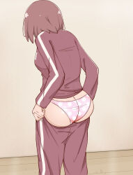  ass brown_hair commentary_request dressing facing_away female from_behind highres hoshino_miyako_(wataten) indoors long_sleeves panties pants pink_panties poa_mellhen polka_dot polka_dot_panties pulling_own_clothes red_pants red_track_suit short_hair standing sweatpants track_suit underwear variant_set watashi_ni_tenshi_ga_maiorita! wooden_floor 