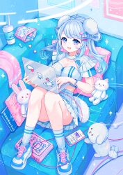  :d afterimage animal_ears blue_eyes blue_footwear blue_hair blue_shirt blue_skirt blue_socks blue_wristband bone book breasts cable candy cellphone chibi cleavage collarbone computer couch cropped_shirt cup cushion disposable_cup dog_ears dog_girl dog_tail dot_nose drinking_straw feline female food from_above full_body gradient_eyes hair_ornament hair_rings hairclip high-waist_skirt highres holding holding_laptop indoors kneehighs knees_up laptop light_blue_hair light_particles looking_at_viewer medium_breasts mixed-language_commentary multicolored_eyes on_couch open_mouth original phone pink_eyes pleated_skirt portrait_(object) shirt shoes sidelocks signature sitting_sideways skirt smile sneakers socks solo sparkling_aura sticker swept_bangs tail towel twintails two-tone_eyes white_cat white_dog white_rabbit_(animal) yutukicom zipper 