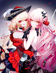  2girls :d artist_name backless_dress backless_outfit bare_back bare_shoulders black_dress black_gloves black_hat blonde_hair dress gloves hat hat_feather highres juliet_sleeves long_hair long_sleeves looking_at_viewer multiple_girls open_mouth original pink_hair puffy_sleeves red_dress red_eyes sheya signature smile very_long_hair yellow_eyes 