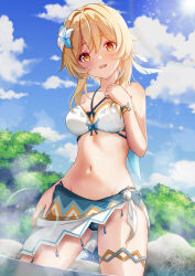  absurdres bikini blonde_hair blue_panties blue_skirt blue_sky blush breasts cloud collarbone commentary_request cowboy_shot criss-cross_halter day eyewear_on_head female fingernails flower foot_out_of_frame genshin_impact hair_between_eyes hair_flower hair_ornament halterneck hand_up highres looking_at_viewer lumine_(genshin_impact) lumine_(hot_springs)_(genshin_impact) medium_breasts multicolored_clothes multicolored_skirt navel official_alternate_costume open_mouth orange_skirt panties short_hair_with_long_locks side-tie_skirt skirt sky solo stomach sun sunlight suraberu swimsuit teeth underwear upper_teeth_only white_bikini white_flower white_skirt yellow_eyes 