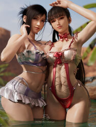  2girls 3d bikini billyhhyb black_hair blue_sky breasts day final_fantasy final_fantasy_vii final_fantasy_vii_rebirth final_fantasy_vii_remake highres large_breasts looking_at_viewer multiple_girls one-piece_swimsuit outdoors ponytail red_one-piece_swimsuit sky stellar_blade swimsuit tifa_lockhart tifa_lockhart_(shining_spirit) wading water white_bikini 